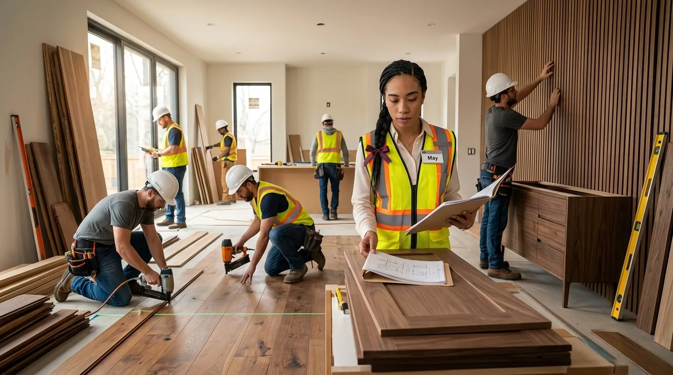Craftspeople installing interior finishes on a project site