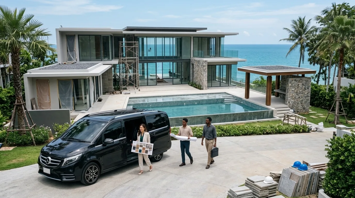 Project team arriving at a large residential construction site